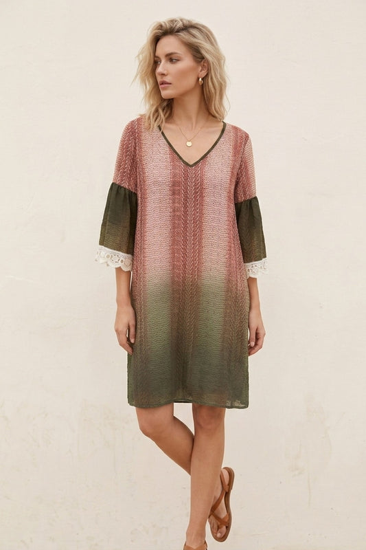 4399 Olive & Burgundy Crochet Trim Dress