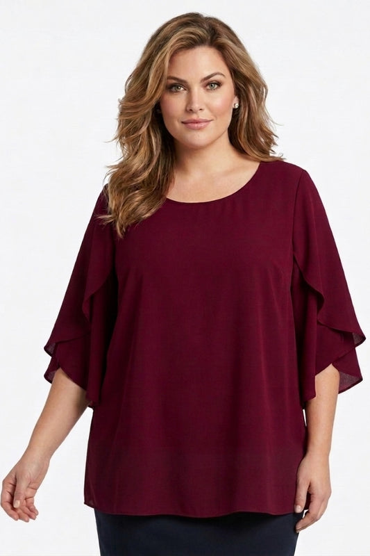 5514 Deep Burgundy Split Bell Sleeve Top Plus
