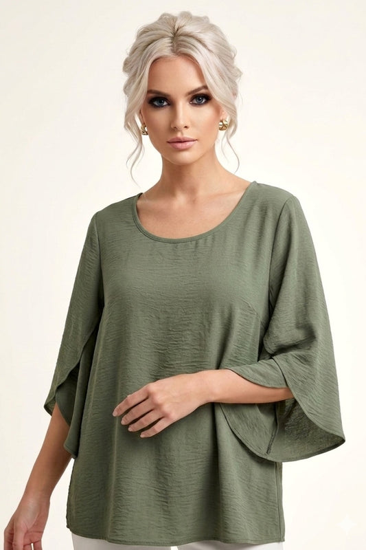 5514 Olive Split Bell Sleeve Top Plus