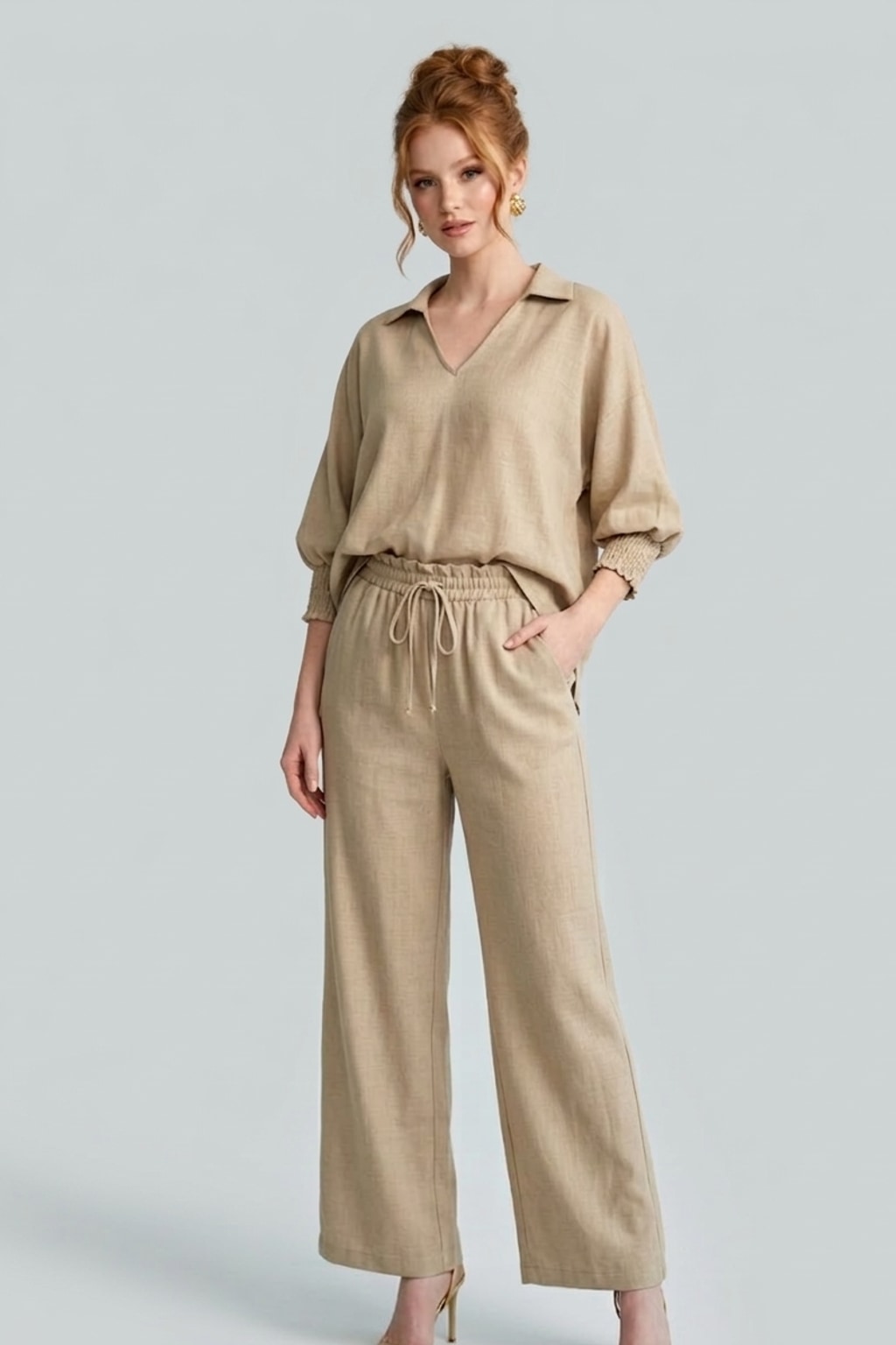 5820CC-S Sandy Beige Smocked Sleeve Blouse and Drawstring Pants Two-Piece Set