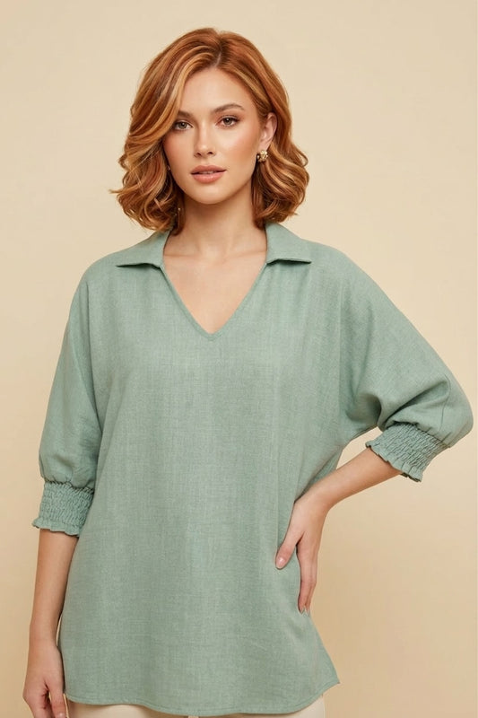 5820CC Soft Sage Smocked Sleeve Blouse