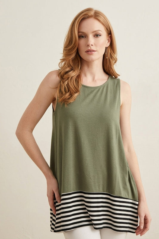 1734 Olive Striped and Solid Contrast Sleeveless Top with side pockets