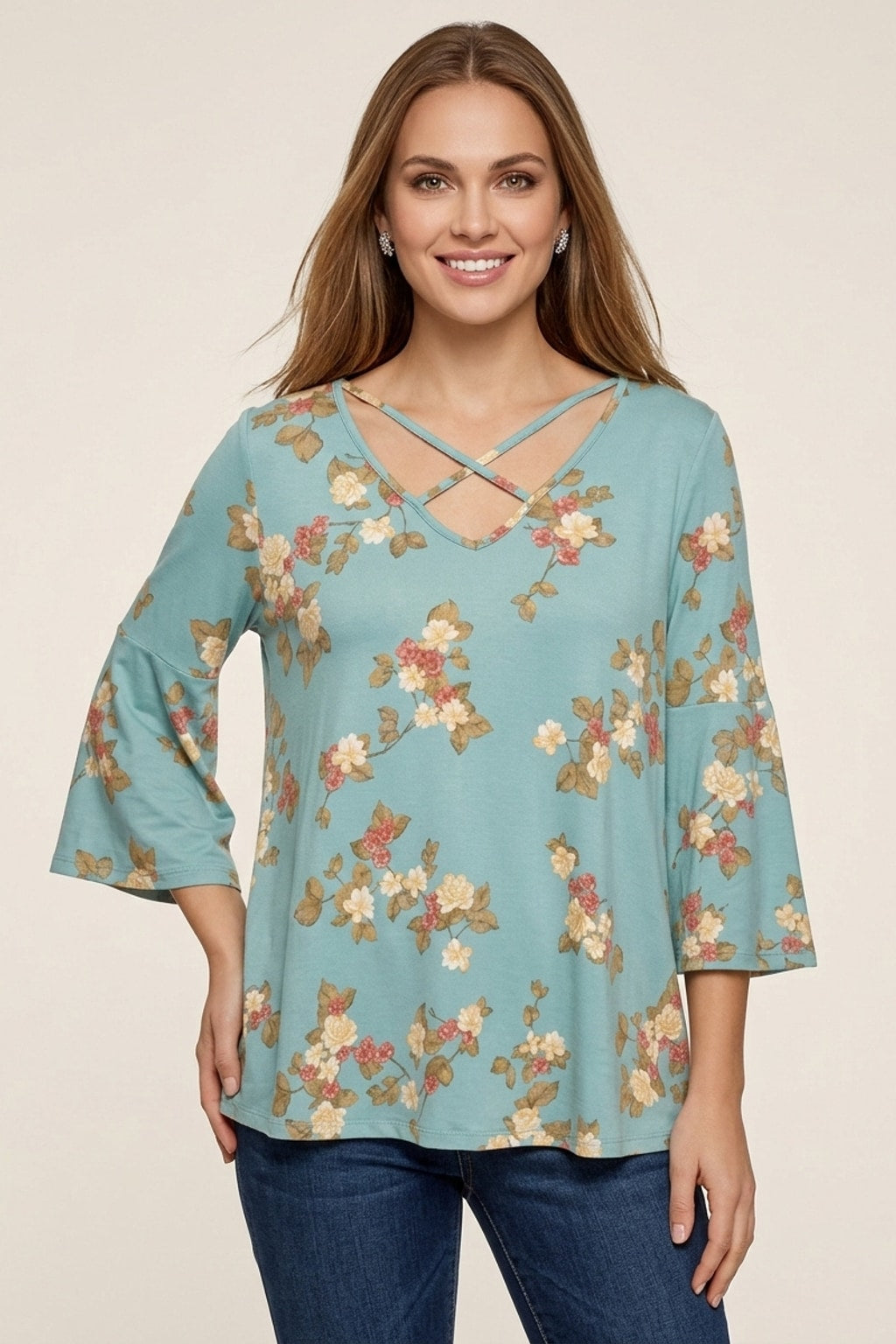 1786 Seafoam Bloom Crisscross Floral Blouse