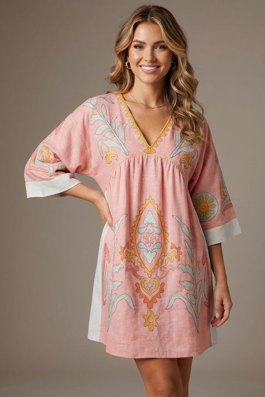 14448 Rose & Mint Floral Print V-Neck Dress
