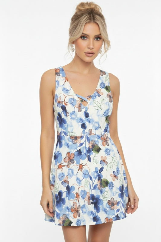 23546 Blue Blossom V-Neck Mini Dress