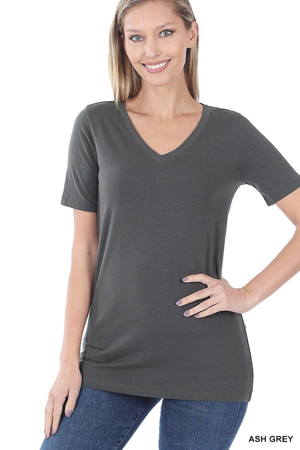 Style 1009 Ash Grey Cotton V Neck Short Sleeve T-Shirt