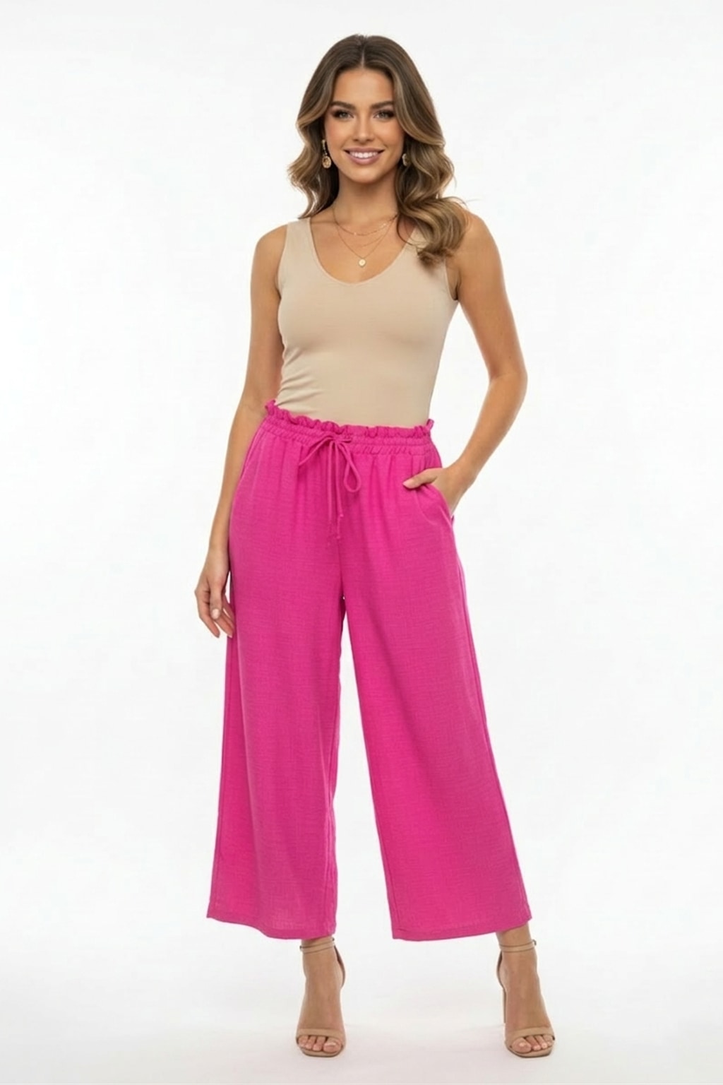 1013CC Bold Fuchsia Crop Drawstring Pants with side pocket