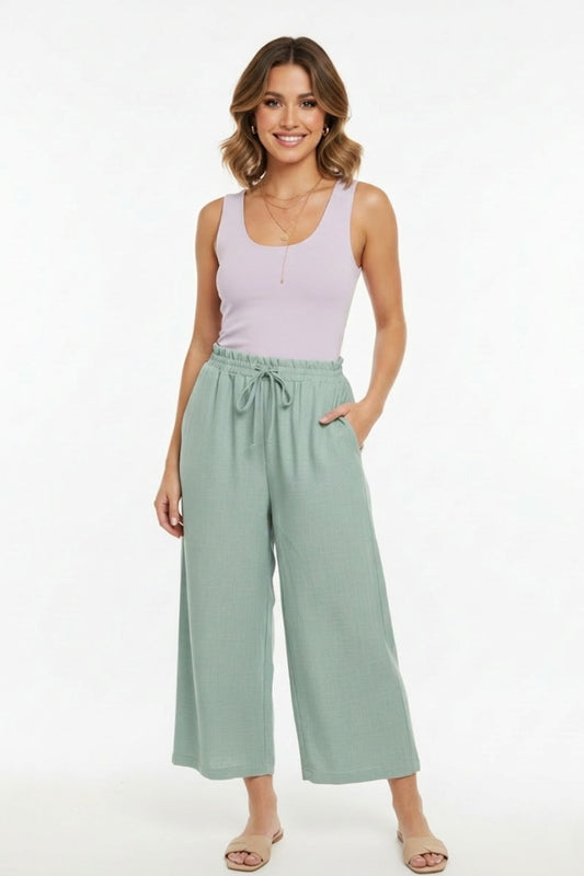 1013CC Soft Sage Crop Drawstring Pants with side pocket