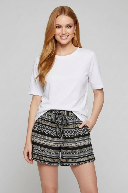 1579-4 Boho Black Tribal Drawstring Shorts with pockets