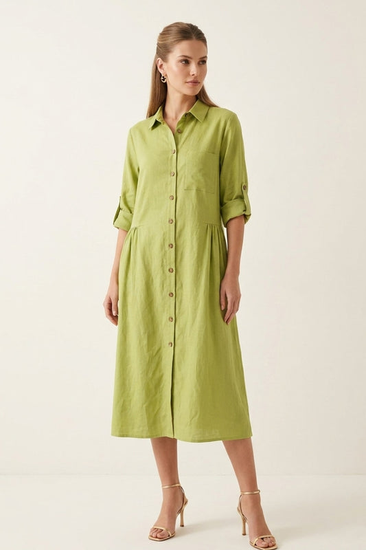 9887 Lime Button-Down Linen Dress with pockets