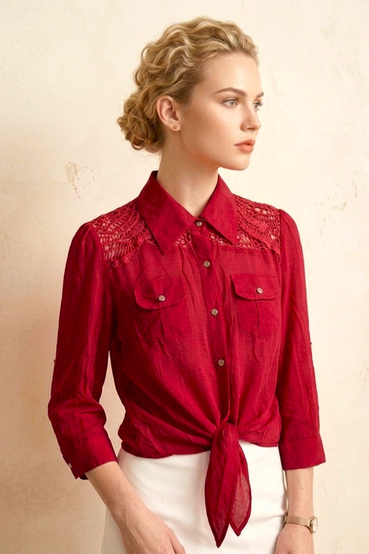 062 Boho Coral Crochet Lace Blouse