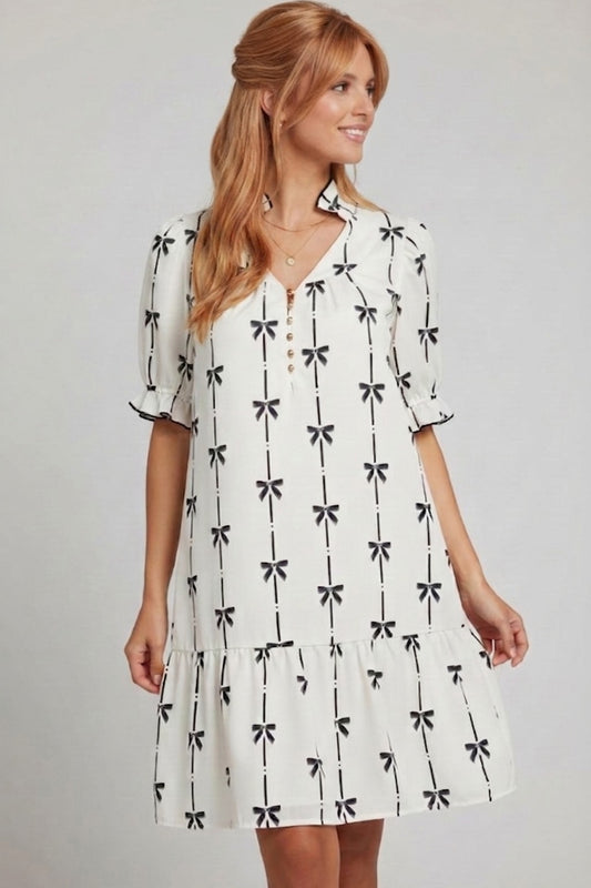 549 White and Black Romantic Bow Print Dress with side pockets