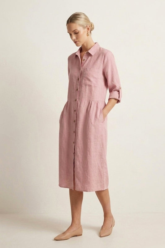 9887 Blush Pink Button-Down Linen Dress with pockets