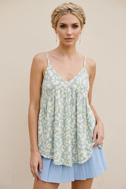 2292 Sage with Neon Yellow Accent Leopard Print Babydoll Top