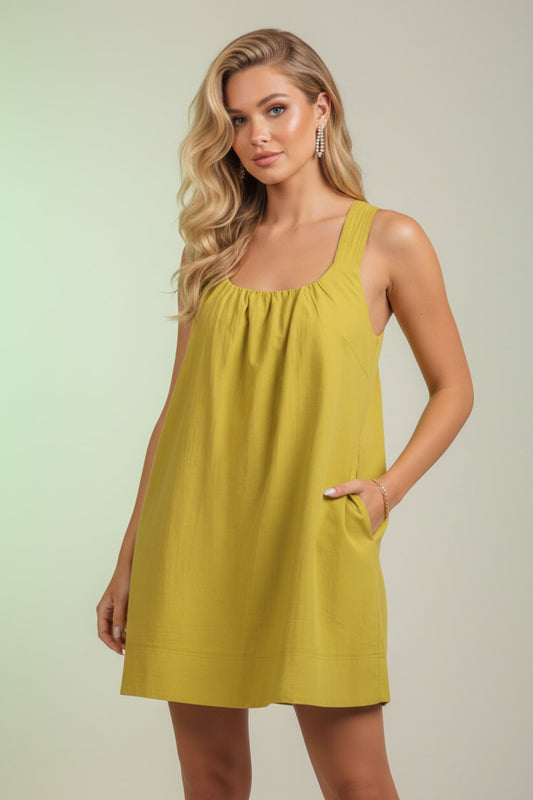 30273 Avocado Quilted Strap Criss Cross Back Dress