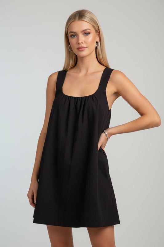 30273 Black Quilted Strap Criss Cross Back Dress