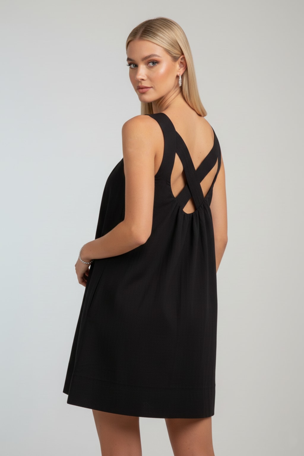 30273 Black Quilted Strap Criss Cross Back Dress