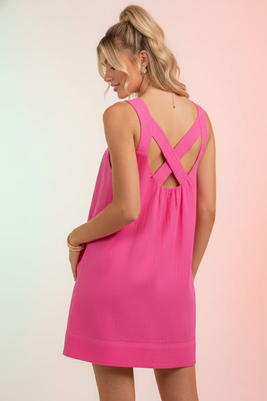 30273 Pink Quilted Strap Criss Cross Back Dress