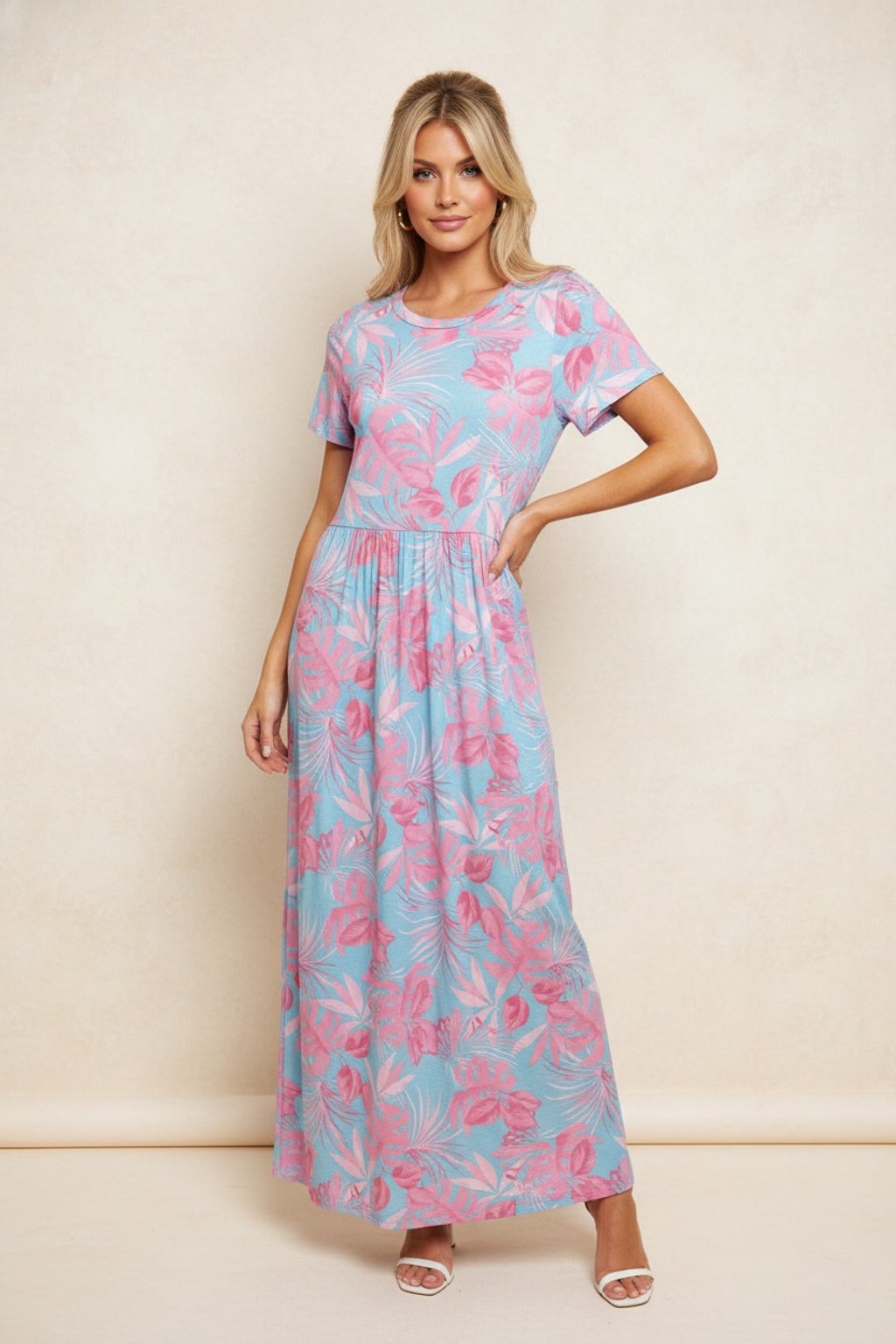 3773 Sky Blue & Pink Paradise Maxi Dress with pocket