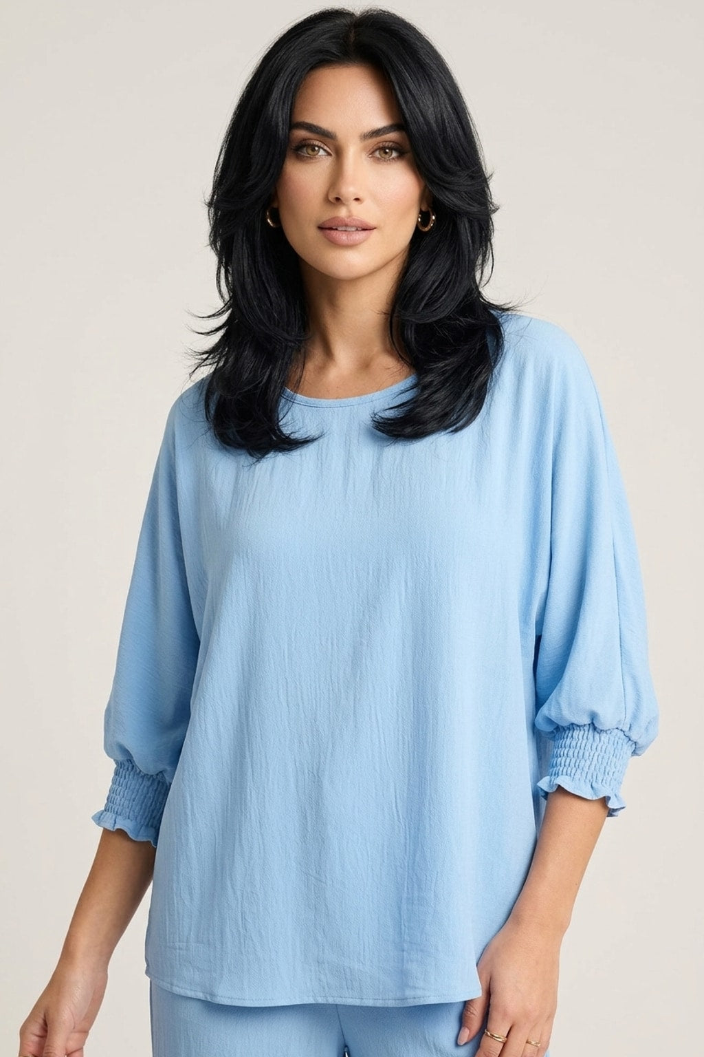 5547 Sky Blue Smocked Sleeve Blouse