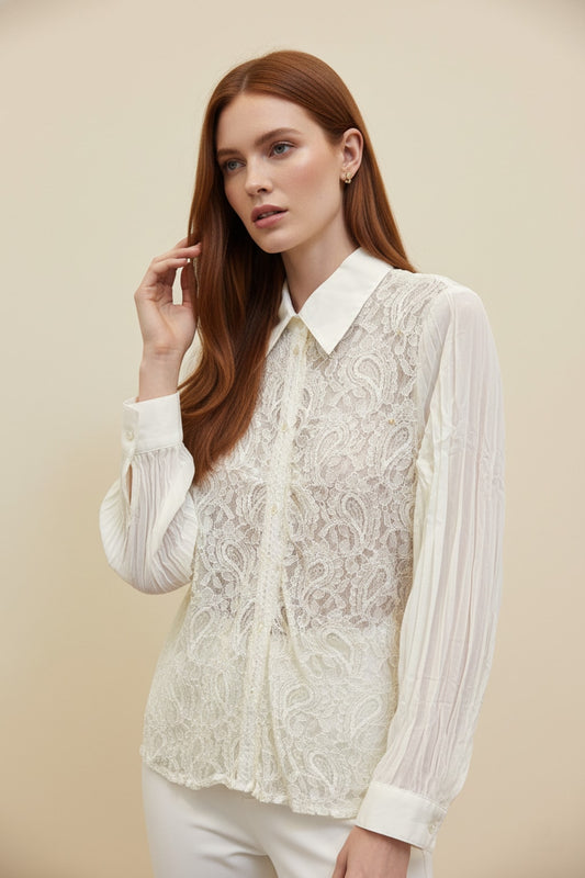 66143 Dreamy Pearl White Paisley Lace Top
