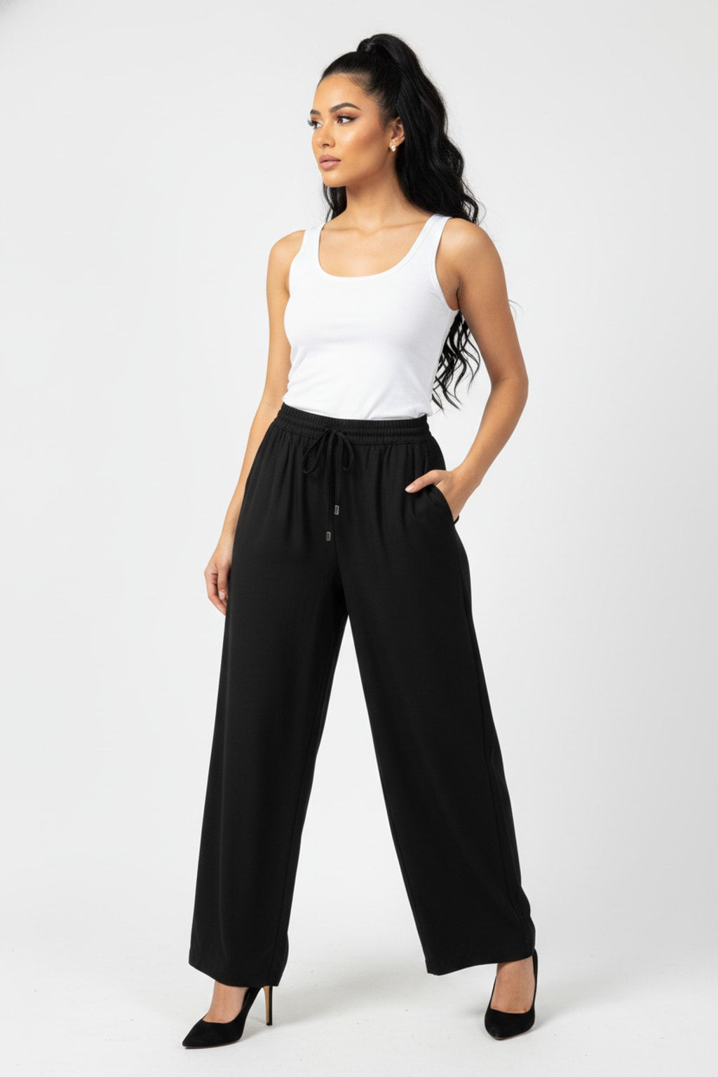6978 Black Wide-Leg Drawstring Linen Pants with pockets