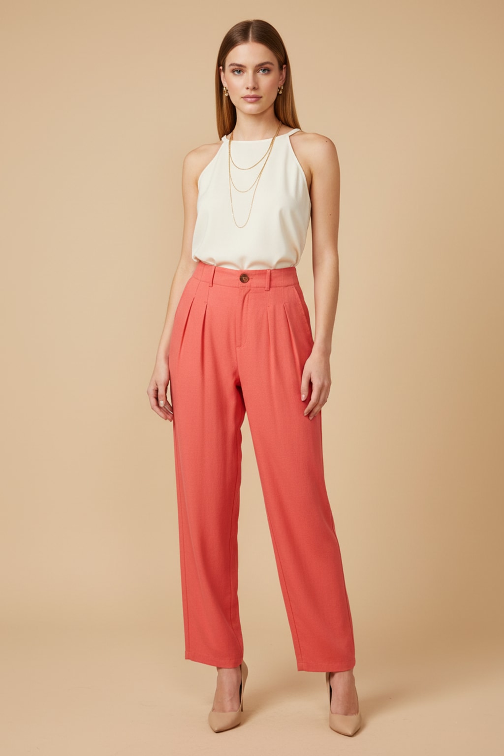 6983 Coral Pleated Linen Pants with pockets
