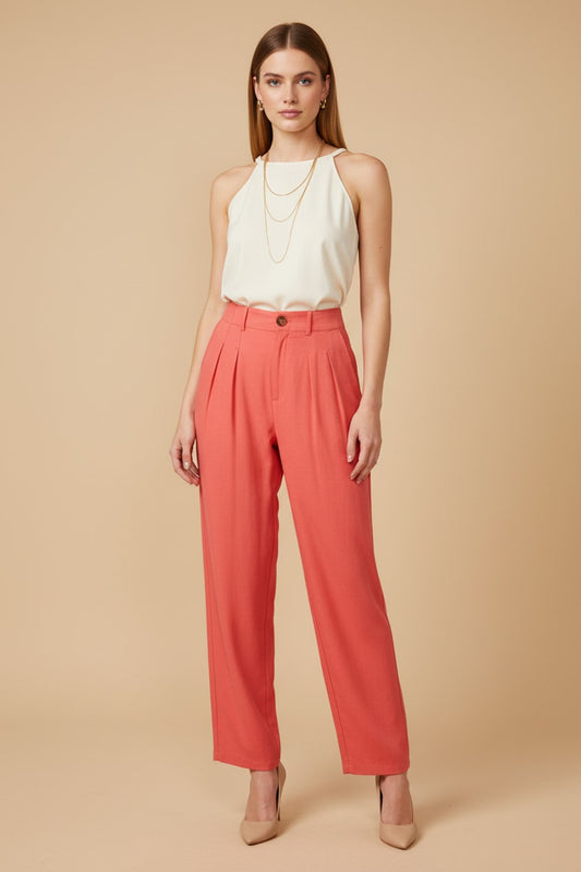 6983 Coral Pleated Linen Pants with pockets