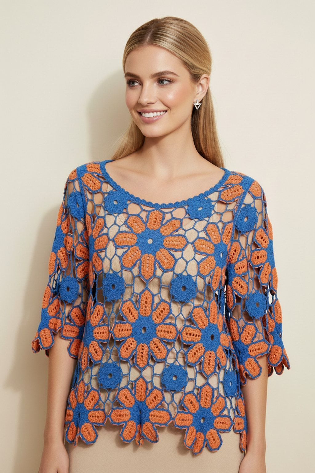 C101 Tangerine & Blue Boho Crochet Top