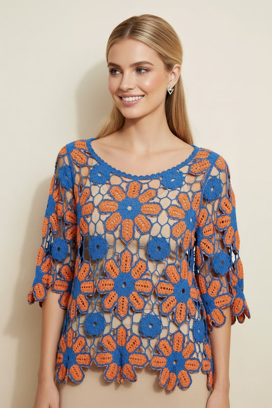C101 Tangerine & Blue Boho Crochet Top