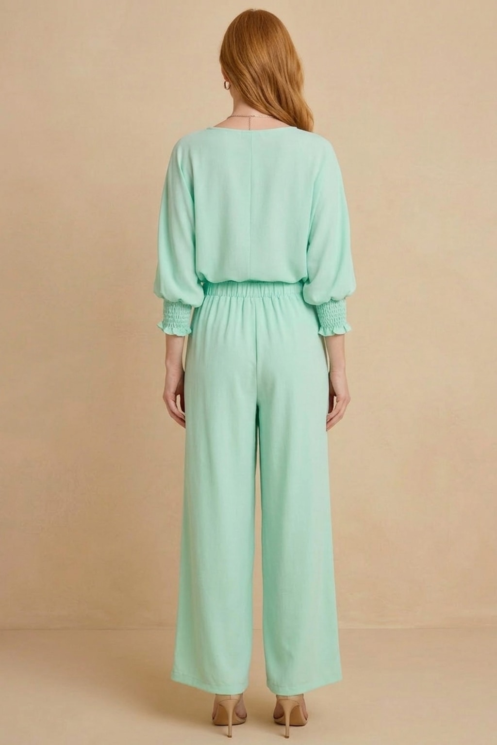 5547-S Soft Mint Green Smocked Sleeve Blouse and 1234 Pleated Trousers Two-Piece Set