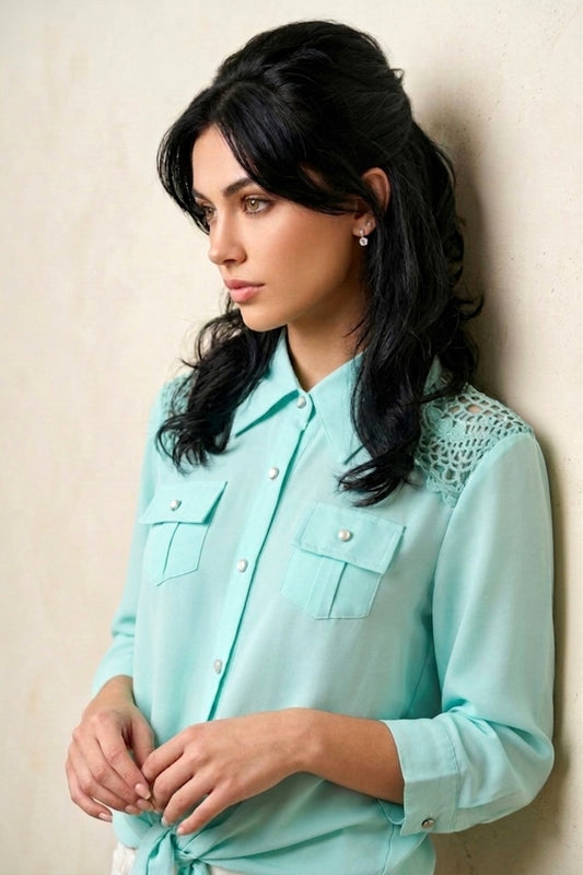 062 Boho Seafoam Green Crochet Lace Blouse