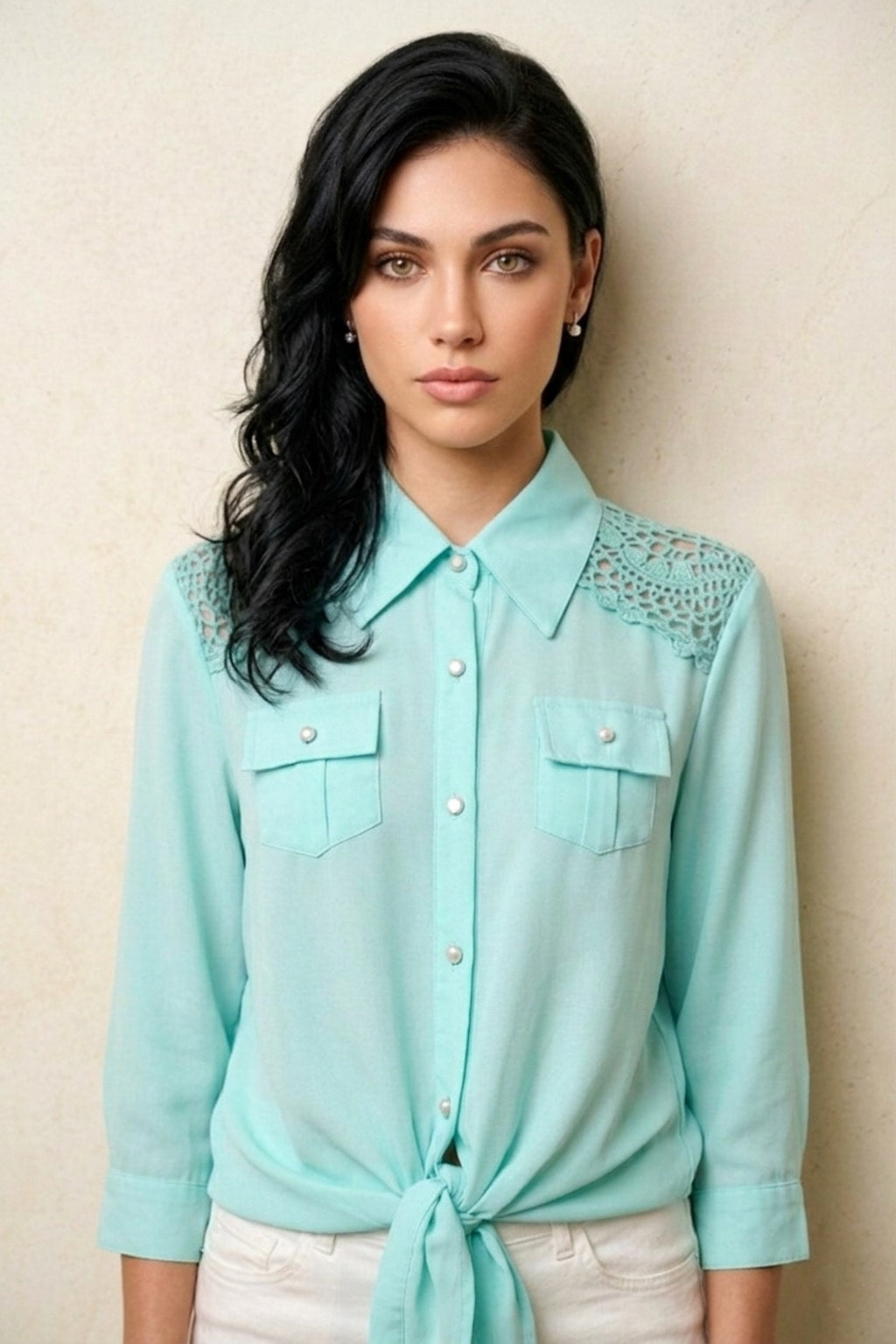 062 Boho Seafoam Green Crochet Lace Blouse