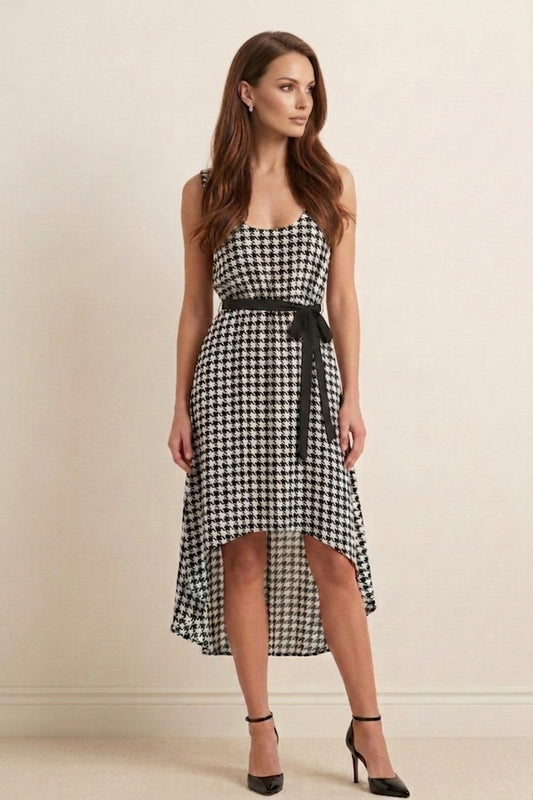 10534 Black & White Houndstooth Flowy Midi Dress