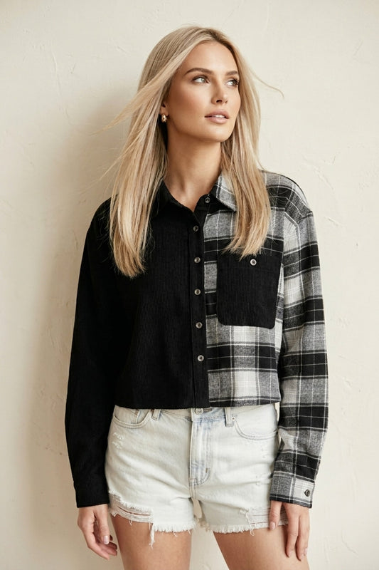10281 Black Plaid Split Button-Up Top