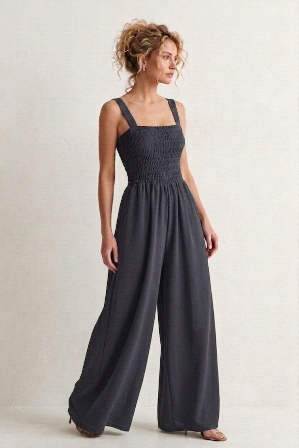 1086 Chic Charcoal Gray Smocked Jumpsuit with pockets