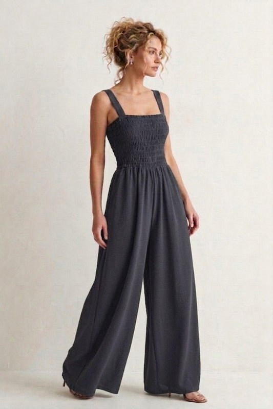 1086 Chic Charcoal Gray Smocked Jumpsuit with pockets