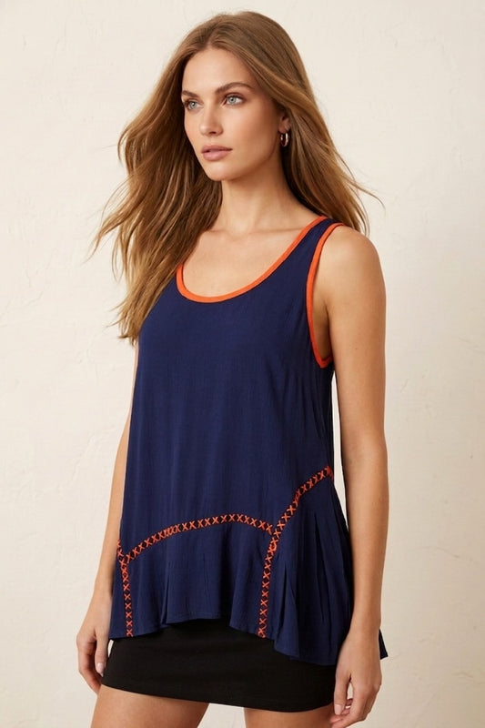 1268 Navy Blue Orange Crisscross Trim Sleeveless Top