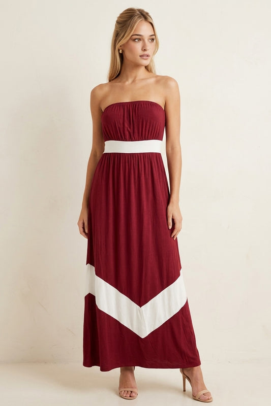 4159 Burgundy White Chevron Maxi Dress