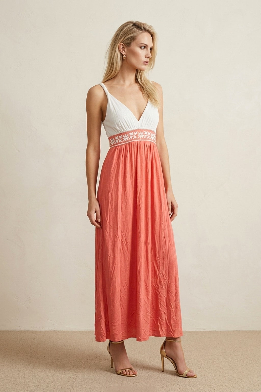 4209 Tropical Pink Embroidered Maxi Dress