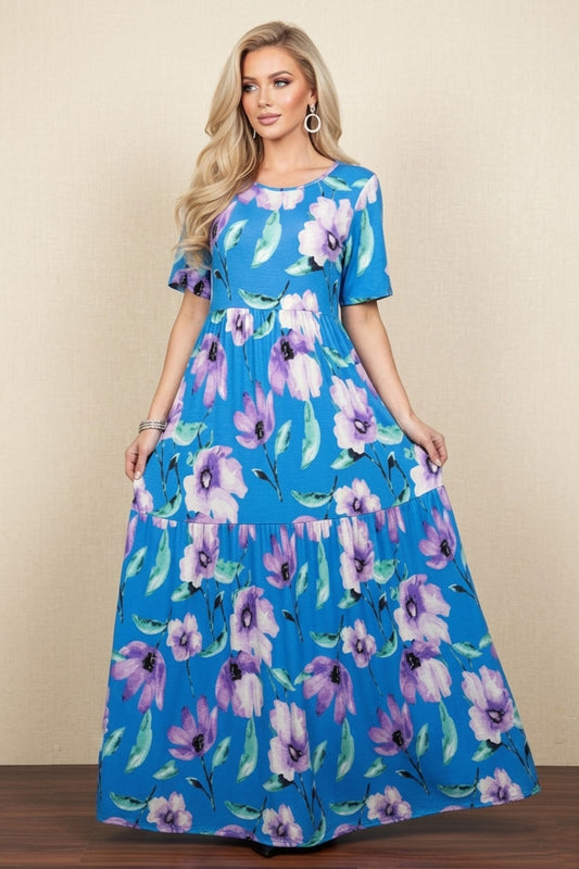 5643 Blue Lavender Floral Short Sleeve Maxi Dress