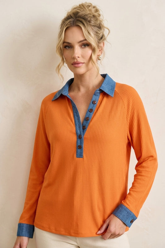 6277 Chic Orange Denim Trim Top
