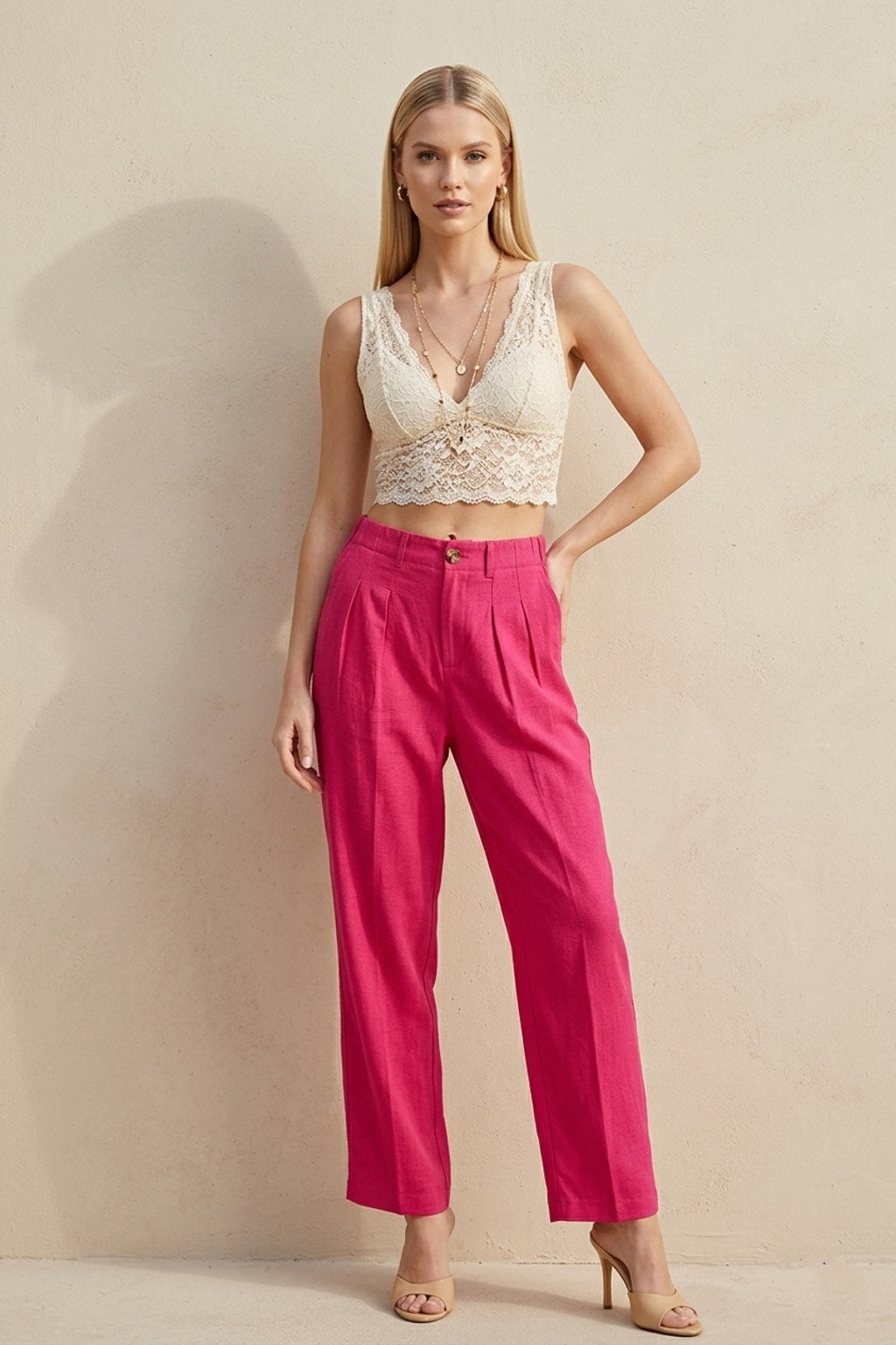 6983 Hot Pink Pleated Linen Pants with pockets
