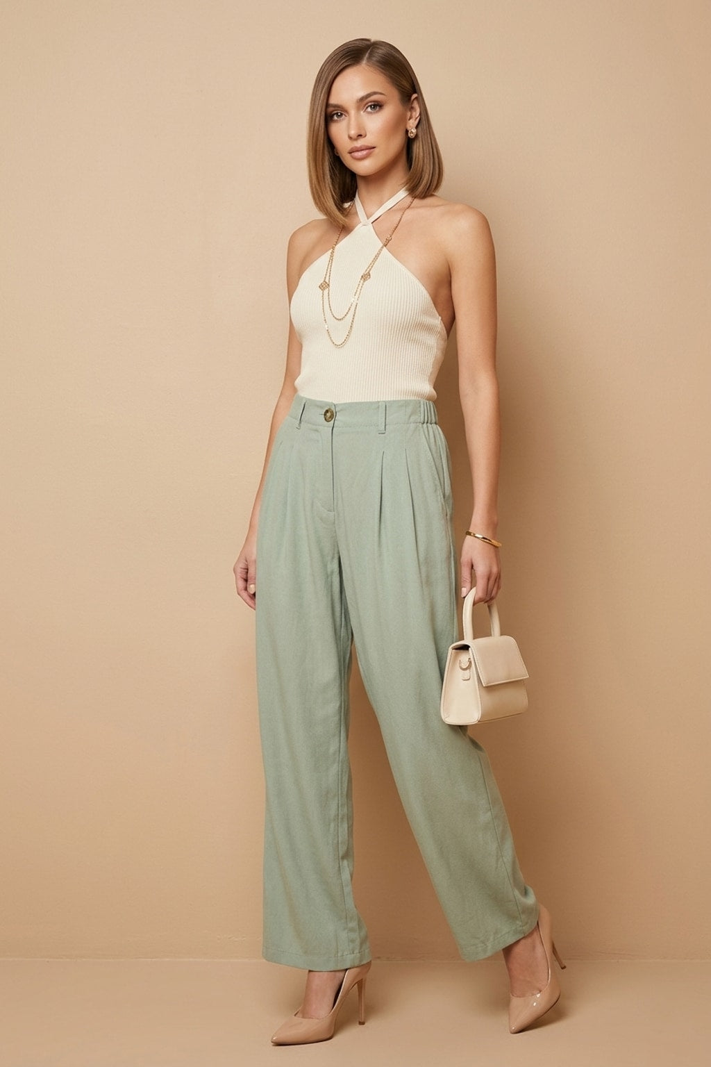 6983 Sage Pleated Linen Pants with pockets