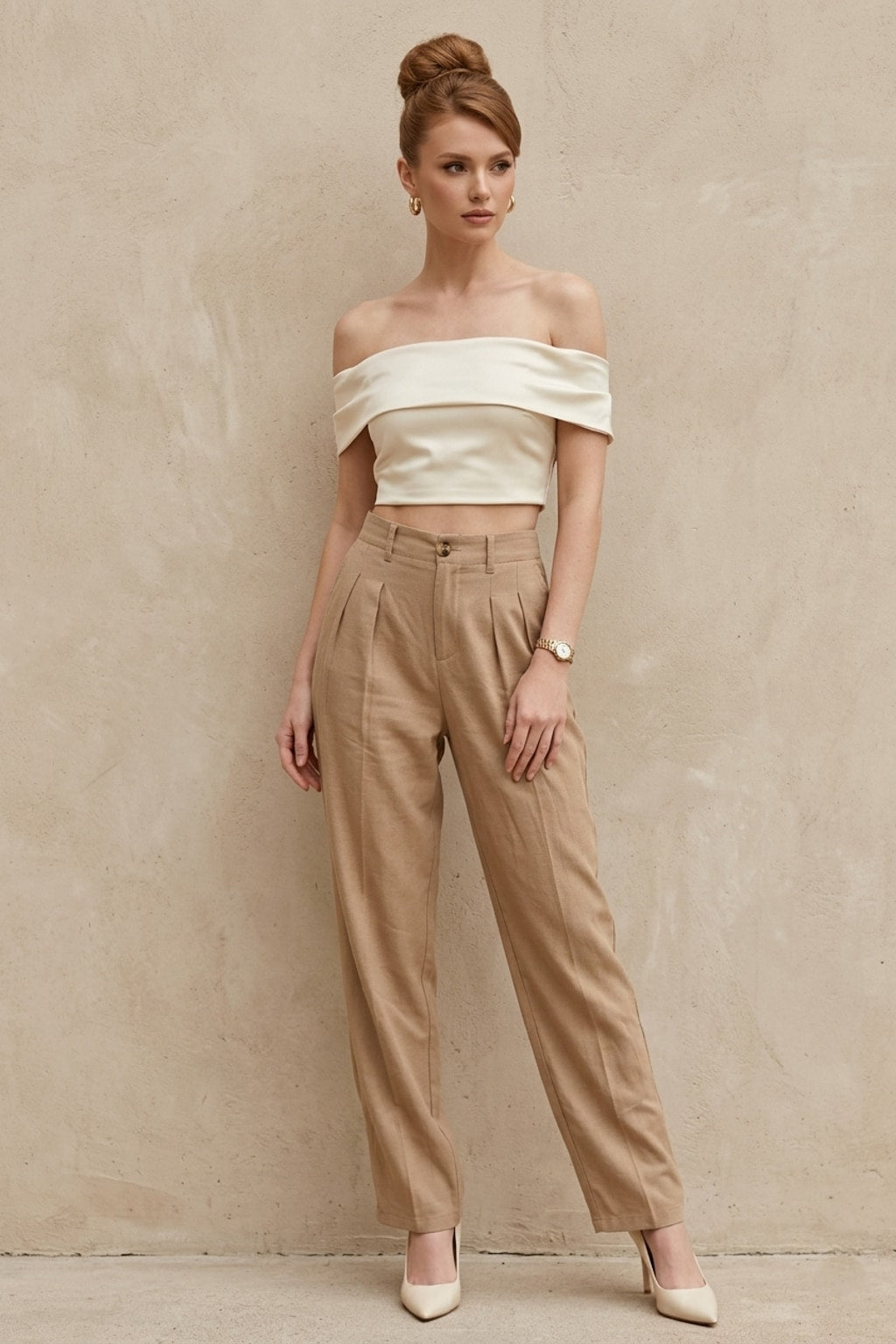 6983 Mocha Pleated Linen Pants with pockets
