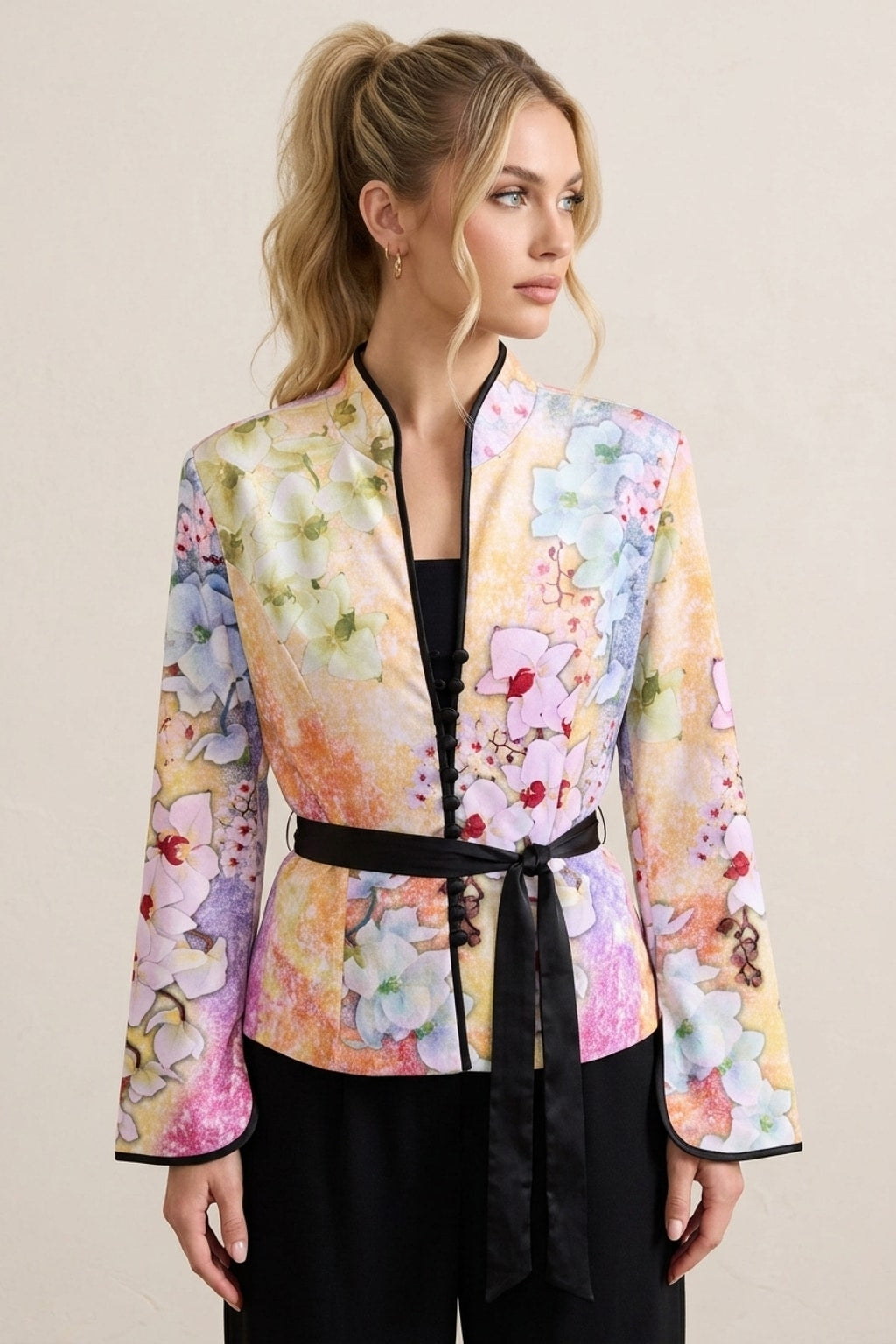 7511 Watercolor Orchid Tie-Waist Jacket
