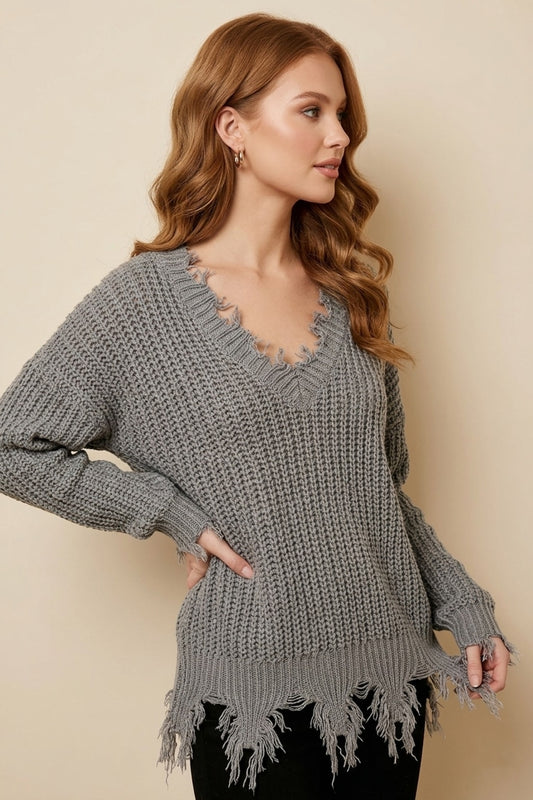 9045 Gray Distressed Knit V-Neck Sweater