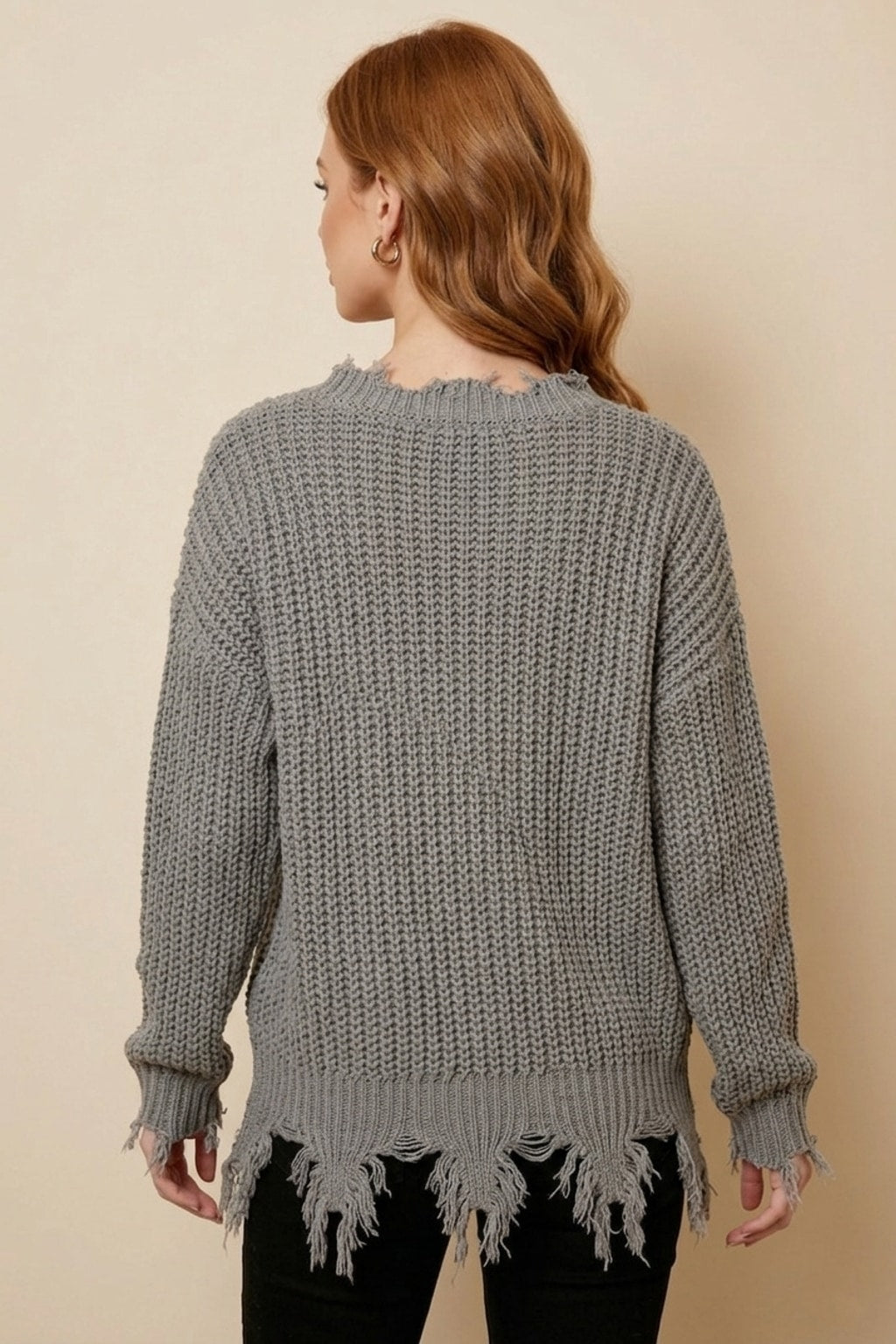 9045 Gray Distressed Knit V-Neck Sweater