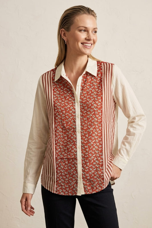 9098 Rust Red Floral & Stripe Blouse