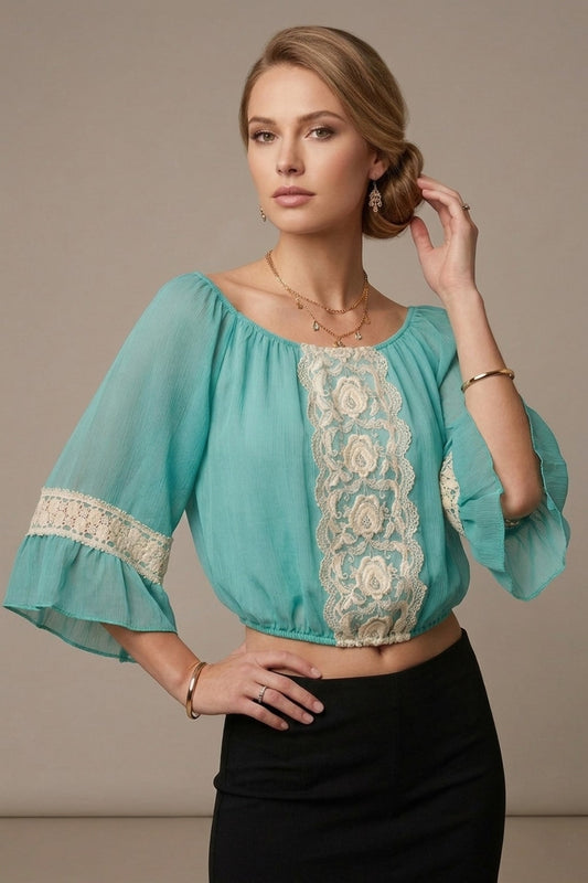 9207 Turquoise Bohemian Blouse with Embroidered Lace Design